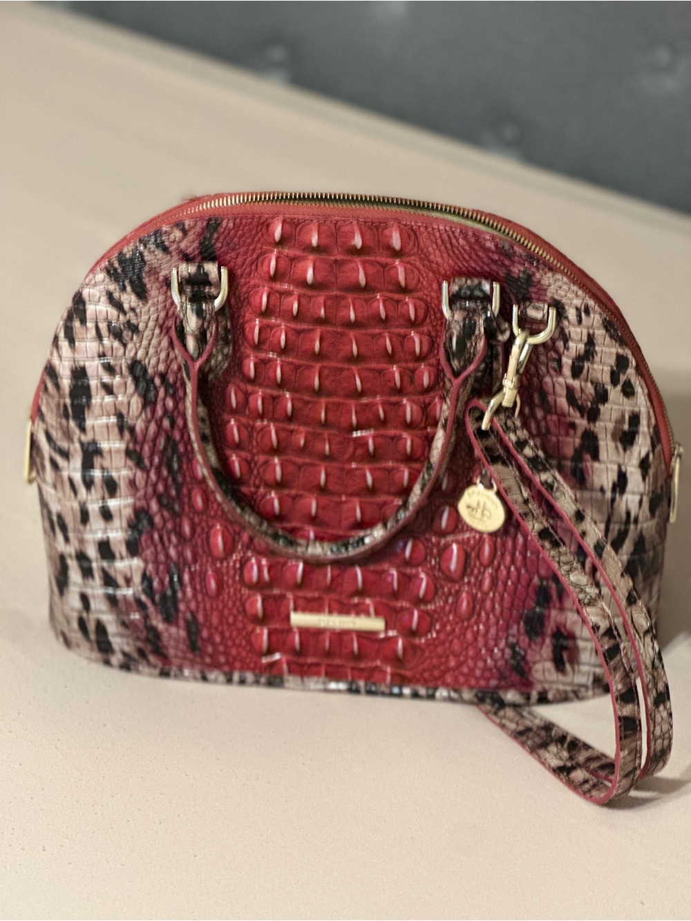 Red Brahmin Croc-Embossed Dome Satchel Handbag